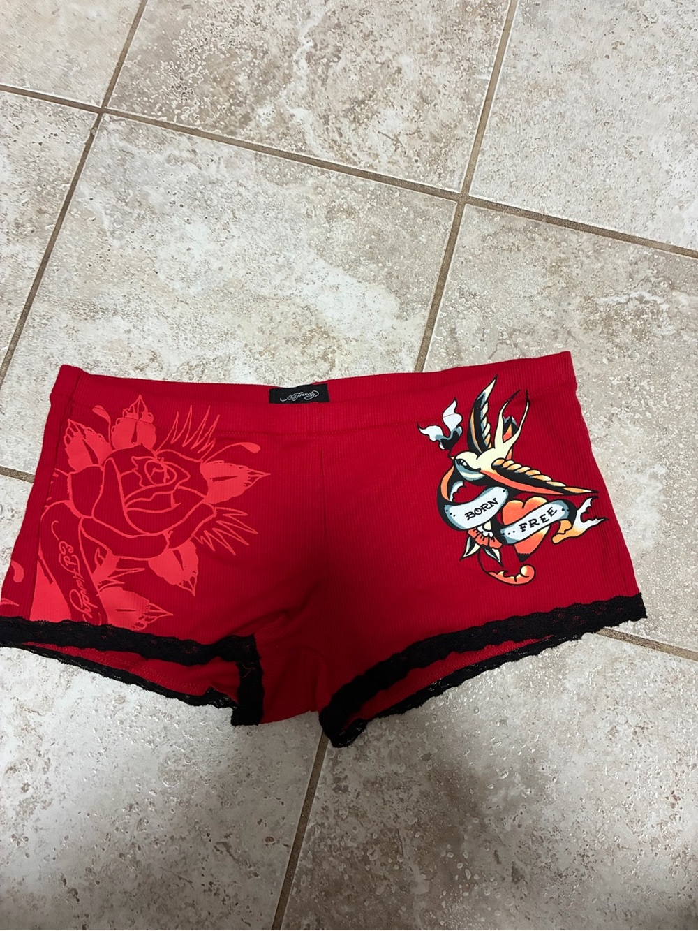 Ed Hardy Red Ribbed Boyshorts with Tattoo Swallow & Rose